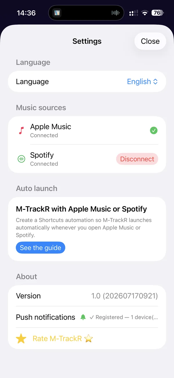 M-TrackR settings: language, music sources and automatic launch