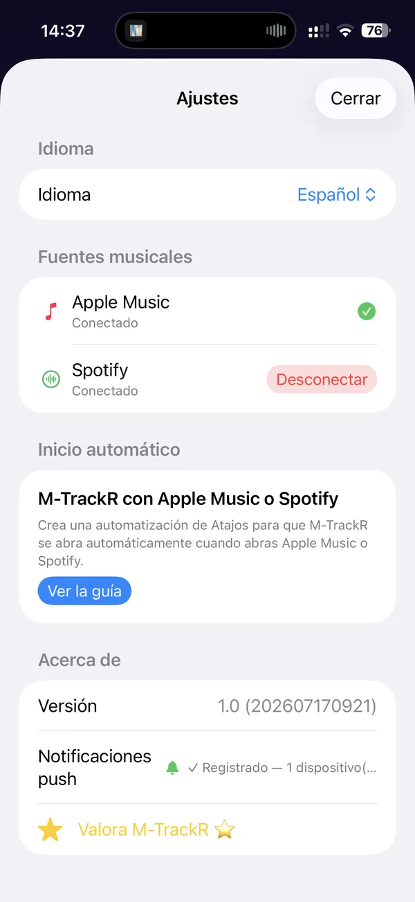 Ajustes de M-TrackR: idioma, fuentes musicales e inicio automático