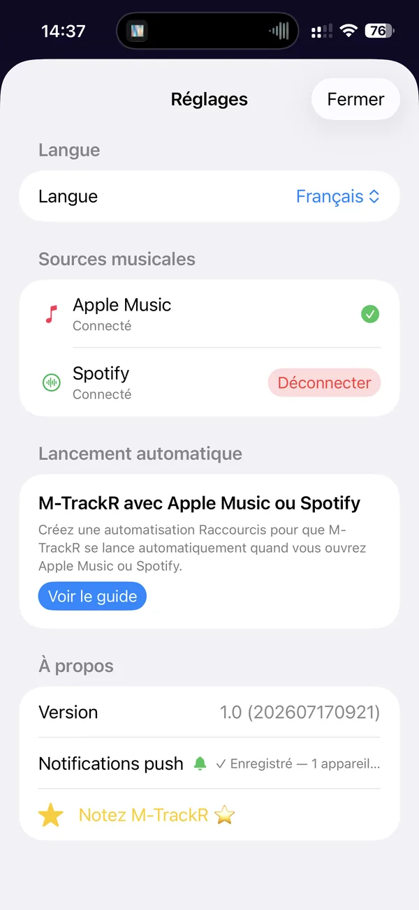 Réglages de M-TrackR : langue, sources musicales et lancement automatique